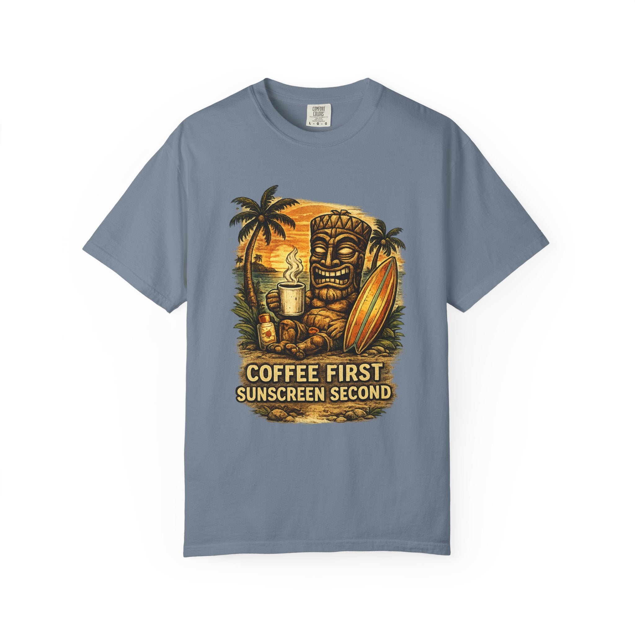 Coffee First Sunscreen Second T-Shirt — Tropical Tiki Beach Tee