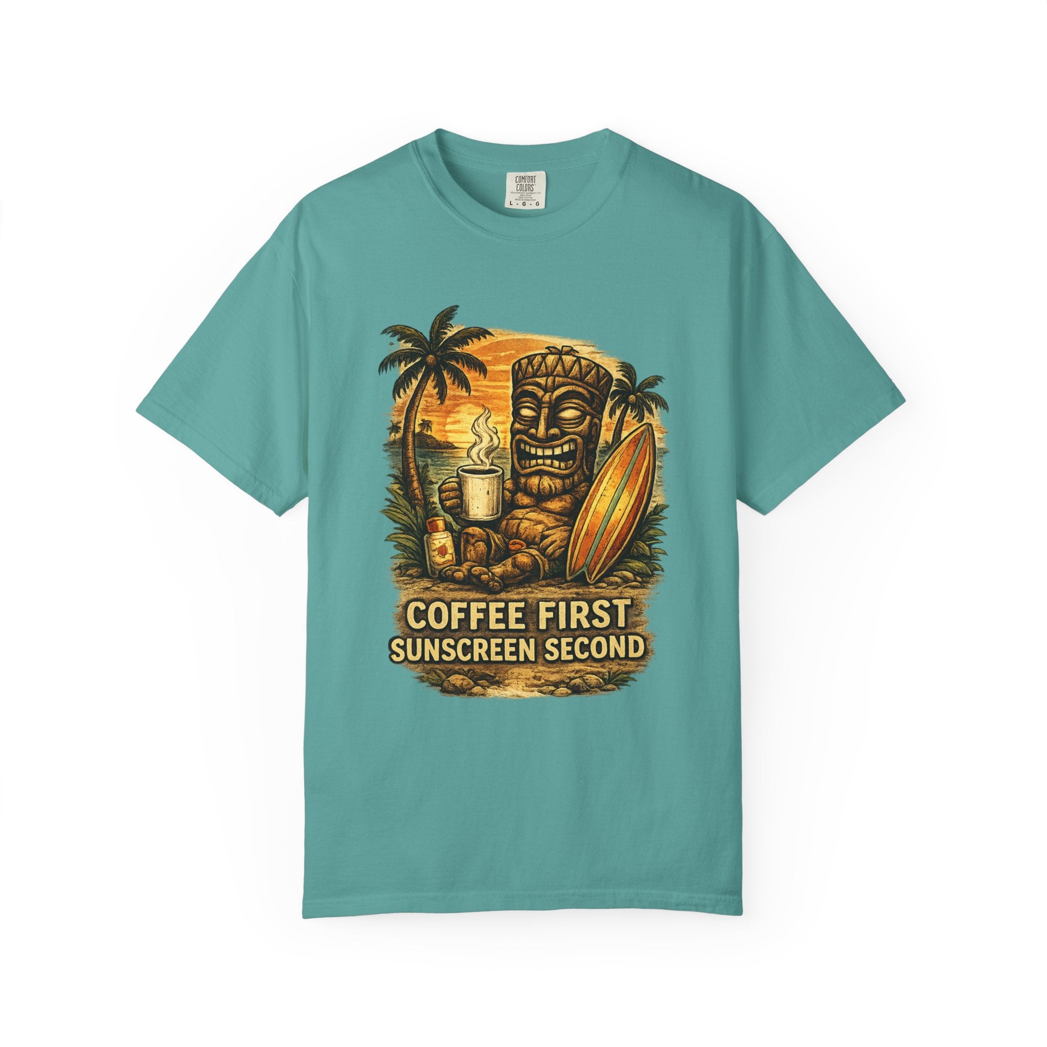 Coffee First Sunscreen Second T-Shirt — Tropical Tiki Beach Tee