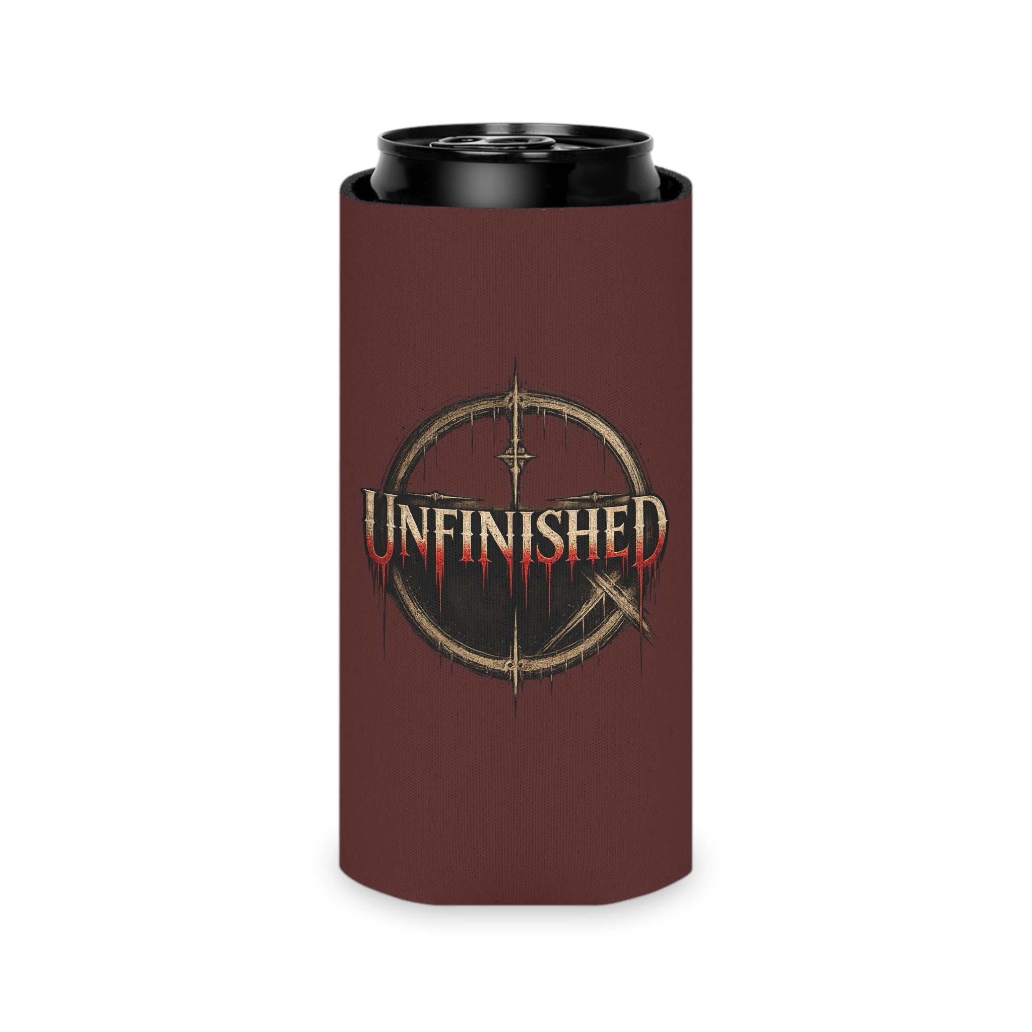 Unfinished Can Cooler – Gothic Logo Beer Koozie