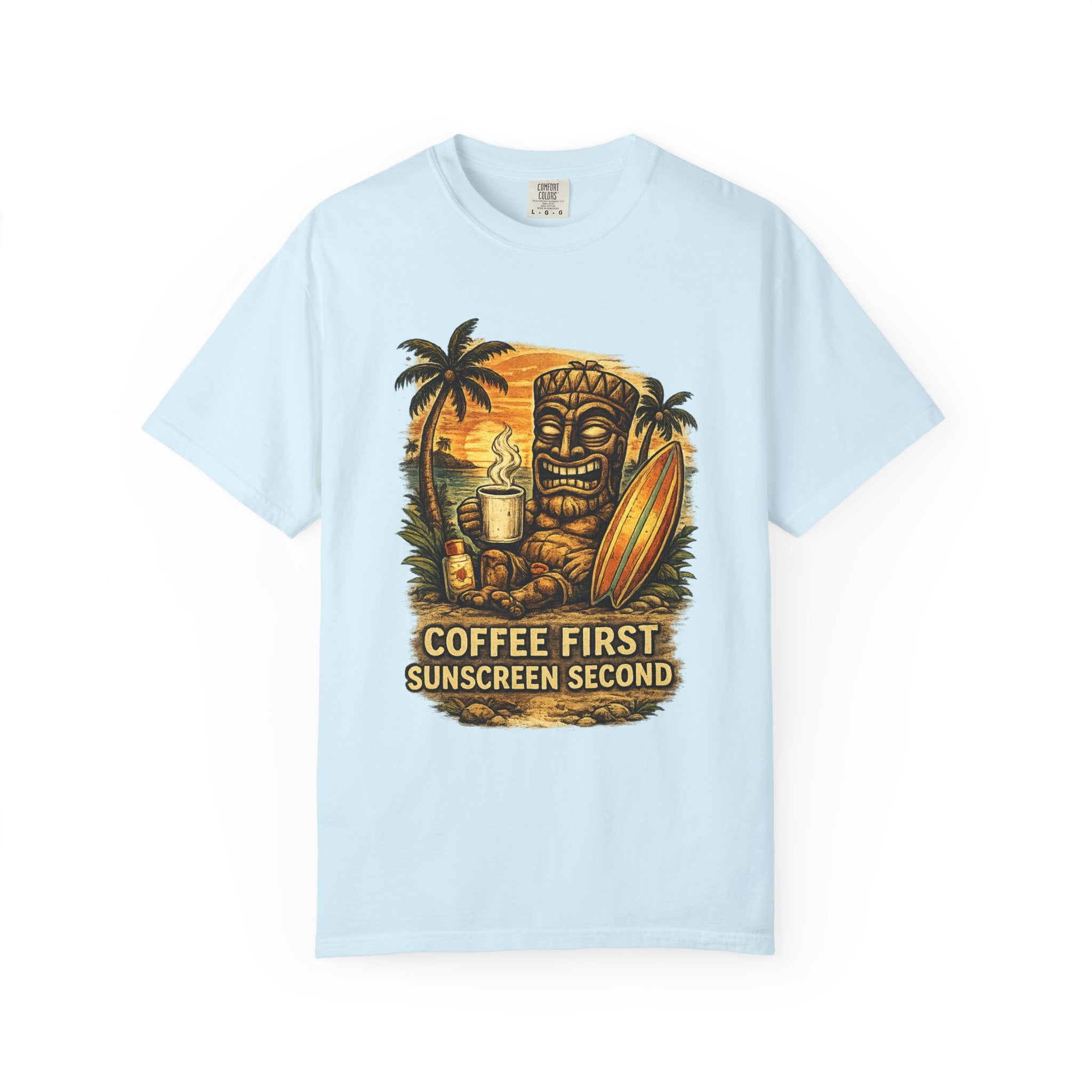 Coffee First Sunscreen Second T-Shirt — Tropical Tiki Beach Tee