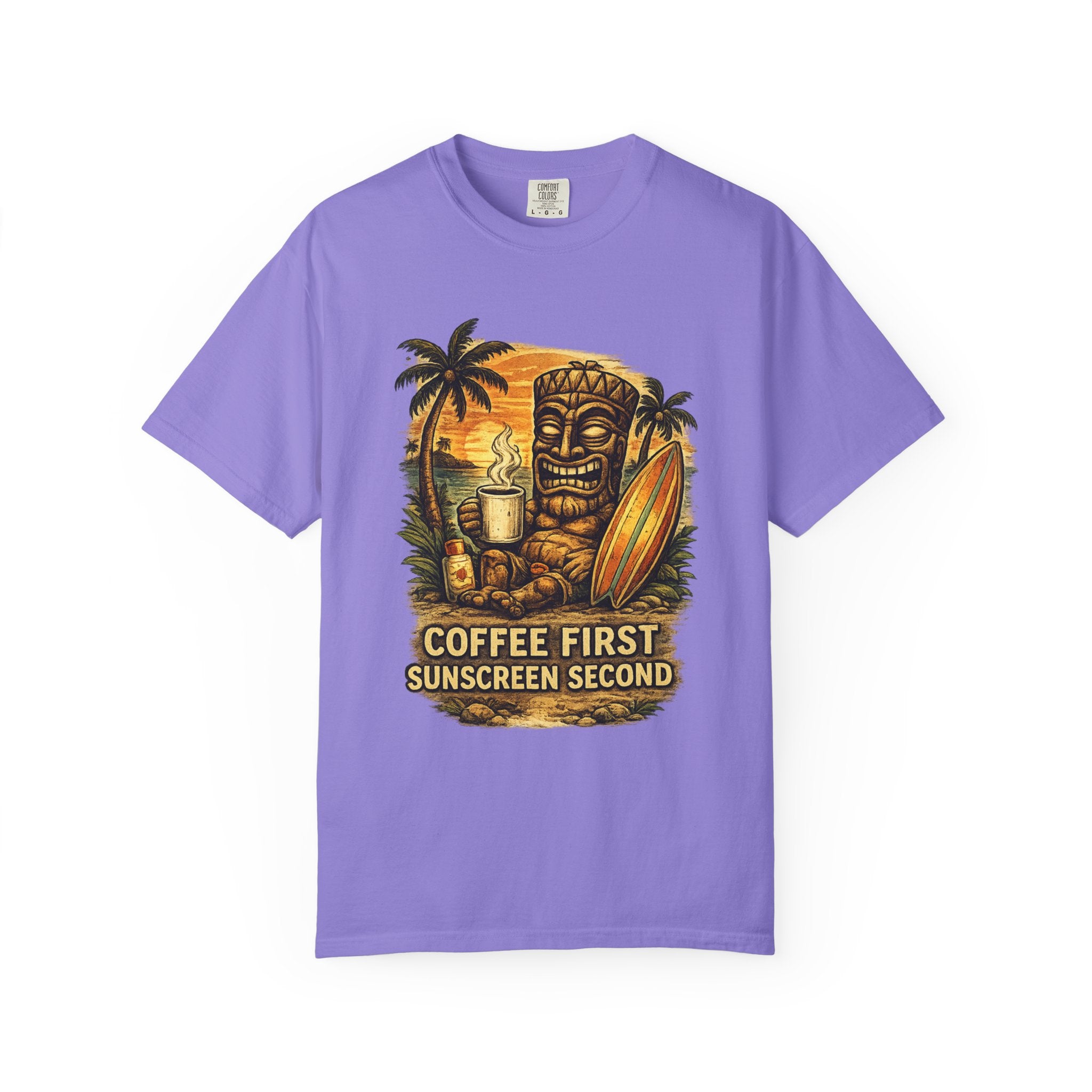 Coffee First Sunscreen Second T-Shirt — Tropical Tiki Beach Tee