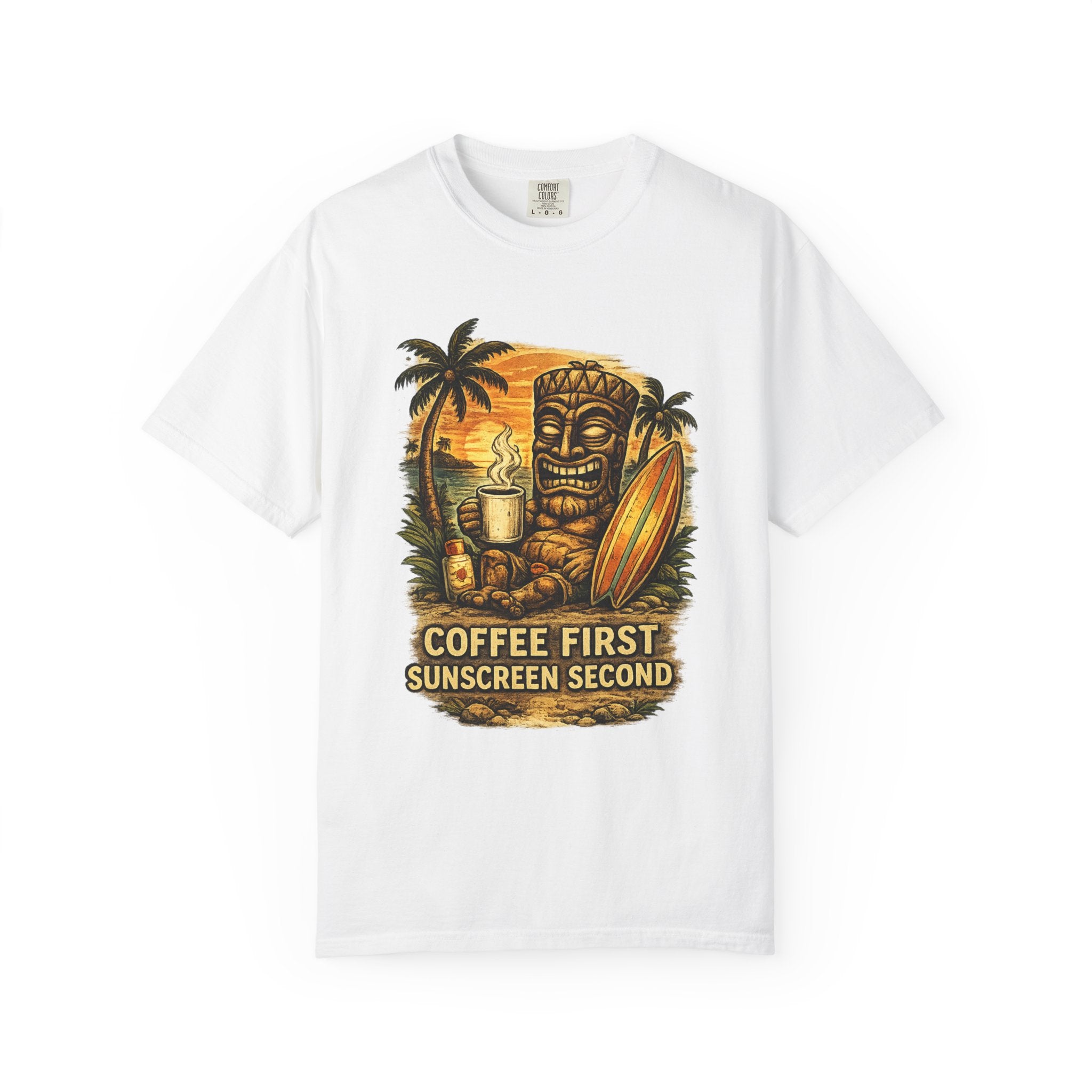 Coffee First Sunscreen Second T-Shirt — Tropical Tiki Beach Tee