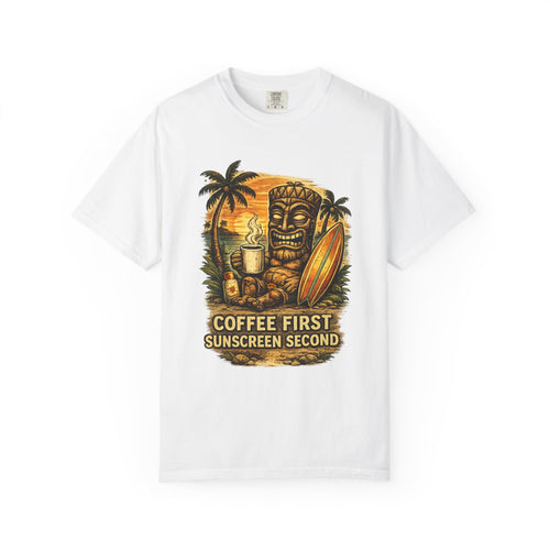 Coffee First Sunscreen Second T-Shirt — Tropical Tiki Beach Tee