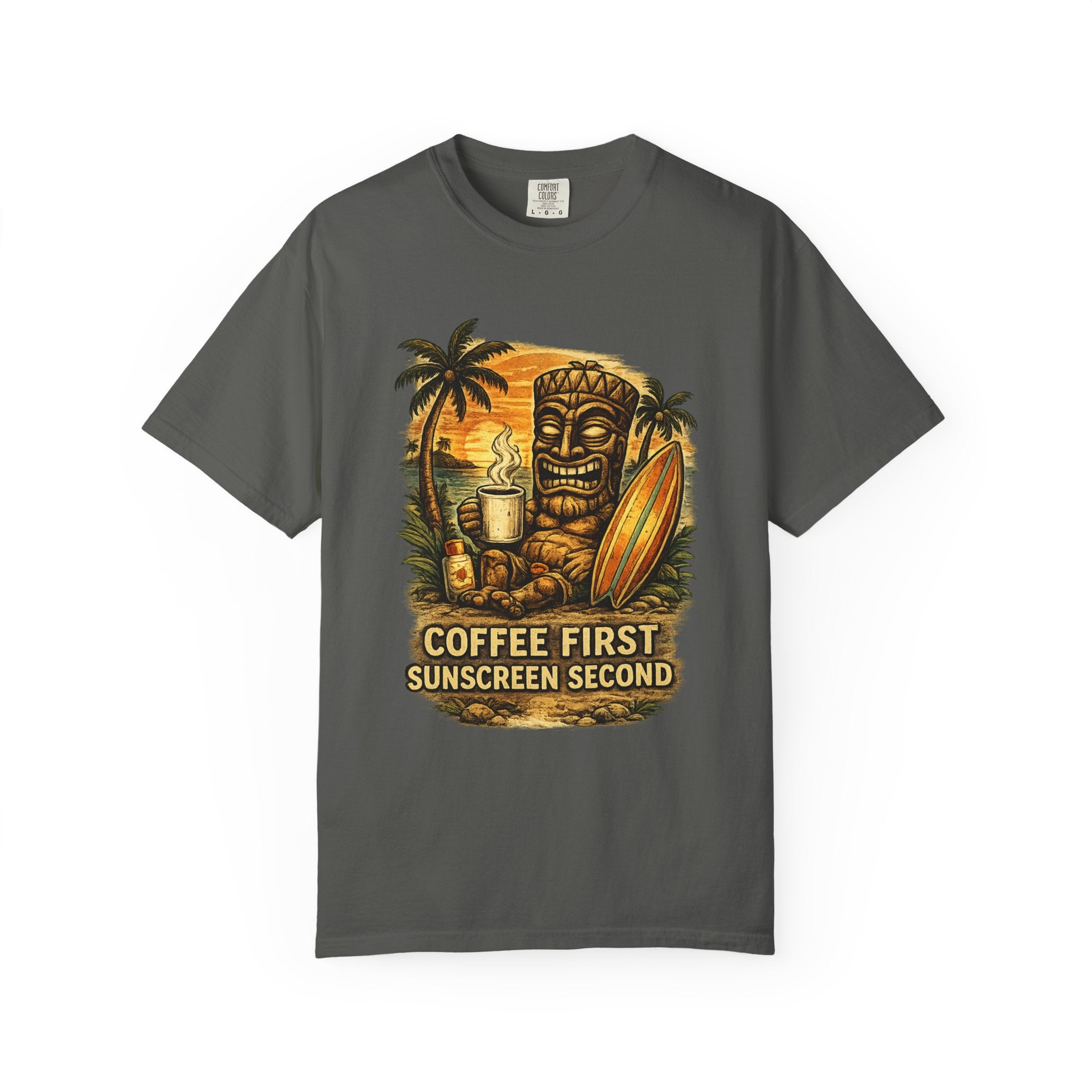 Coffee First Sunscreen Second T-Shirt — Tropical Tiki Beach Tee