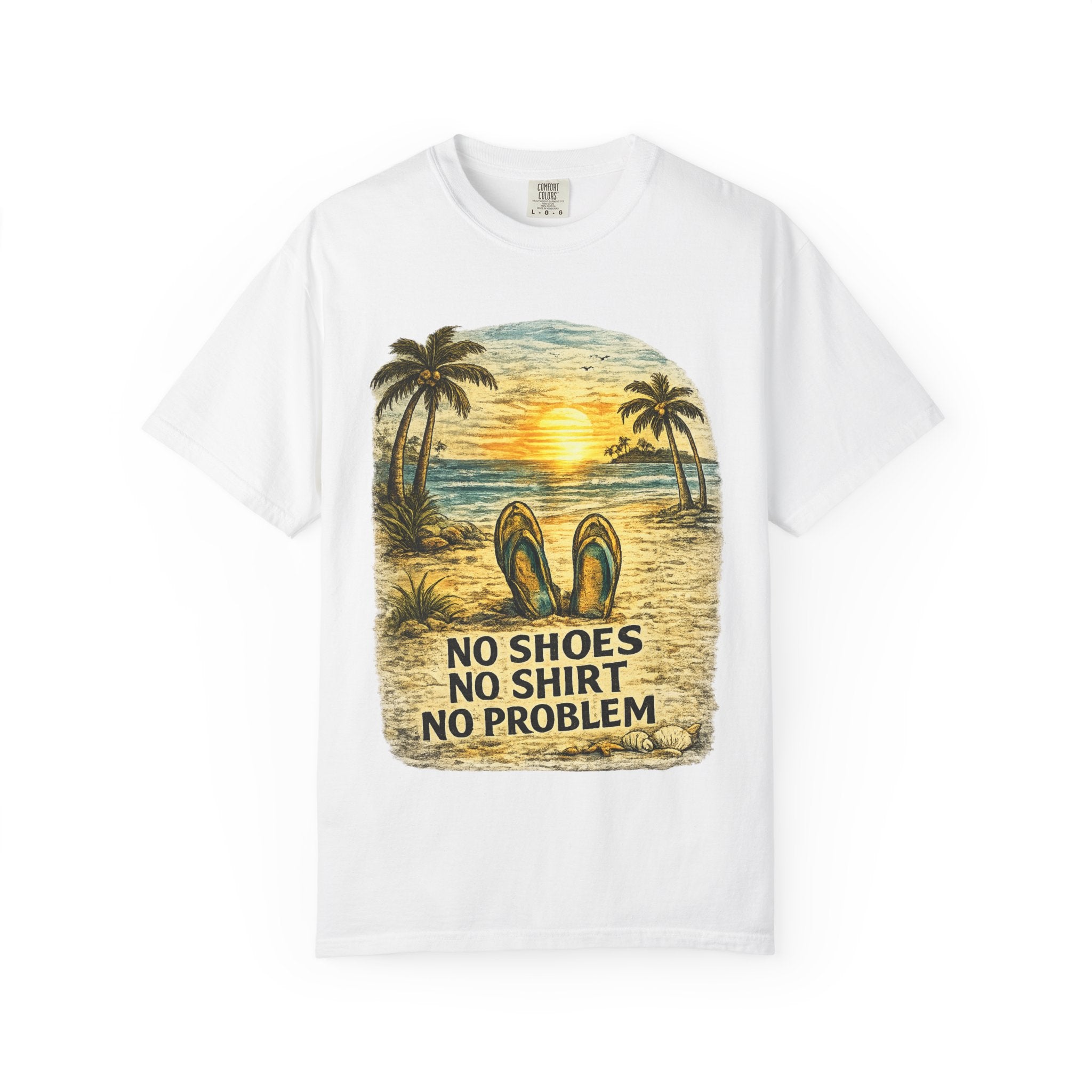 No Shoes No Shirt No Problem T-Shirt — Tropical Tiki Beach Tee