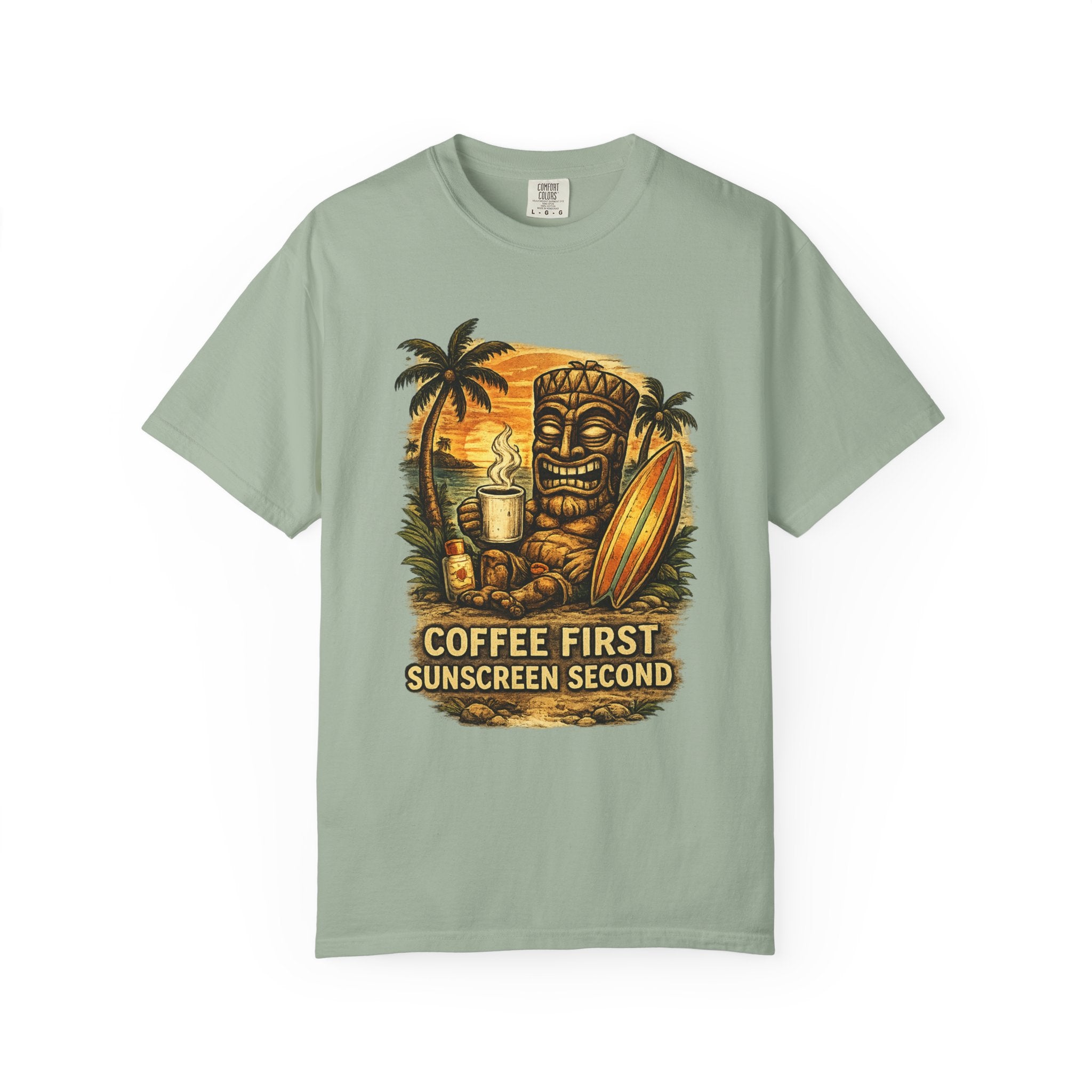 Coffee First Sunscreen Second T-Shirt — Tropical Tiki Beach Tee