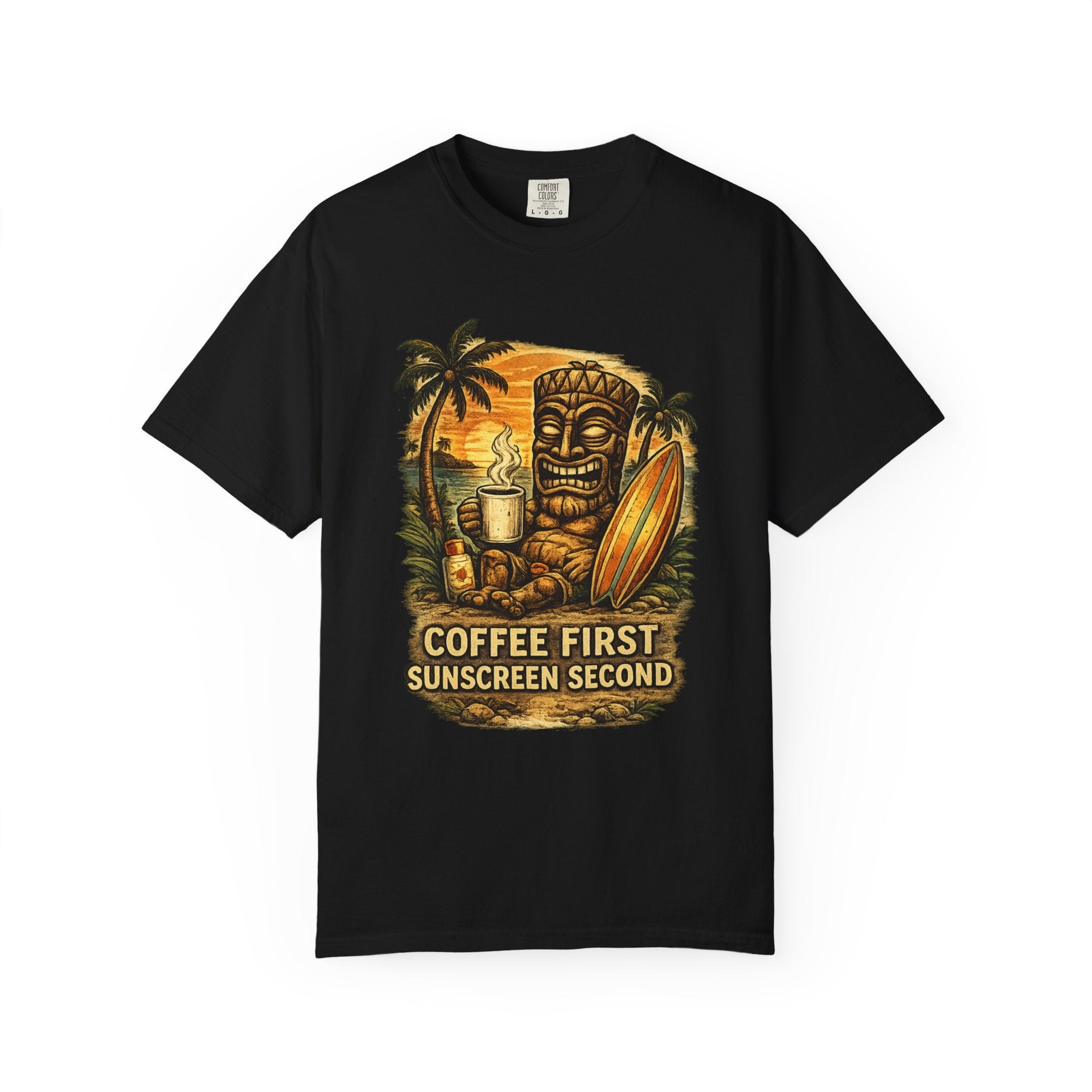 Coffee First Sunscreen Second T-Shirt — Tropical Tiki Beach Tee